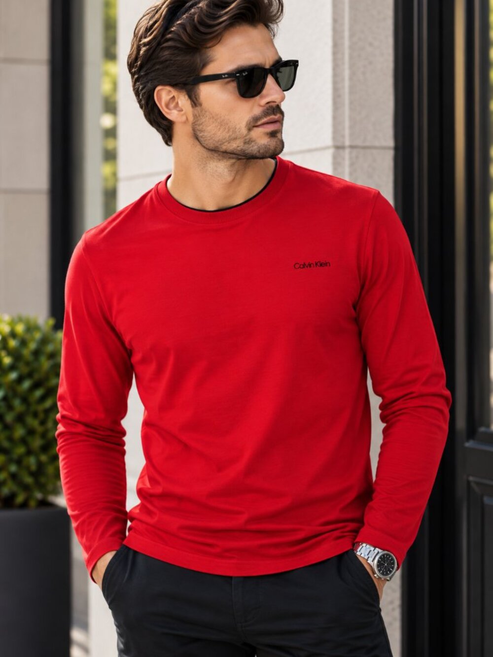 Calvin Klein Men’s Red 100% Cotton Long Sleeve Crewneck Logo Shirt Size M